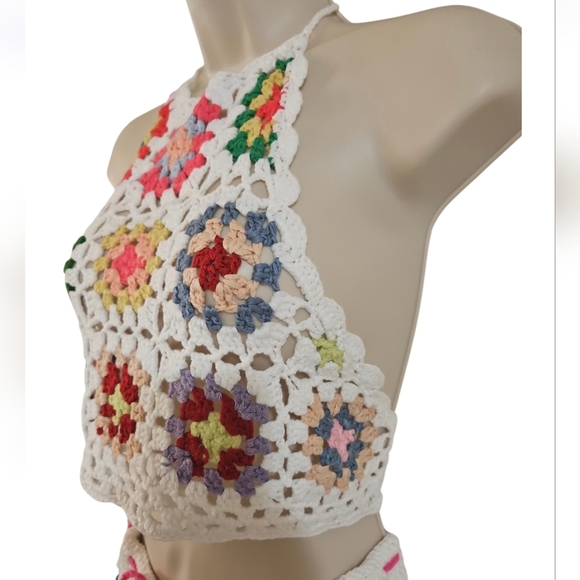 Handmade Crochet Halter Top Granny Square Floral Multicored Boho Bikini Top - Picture 8 of 17